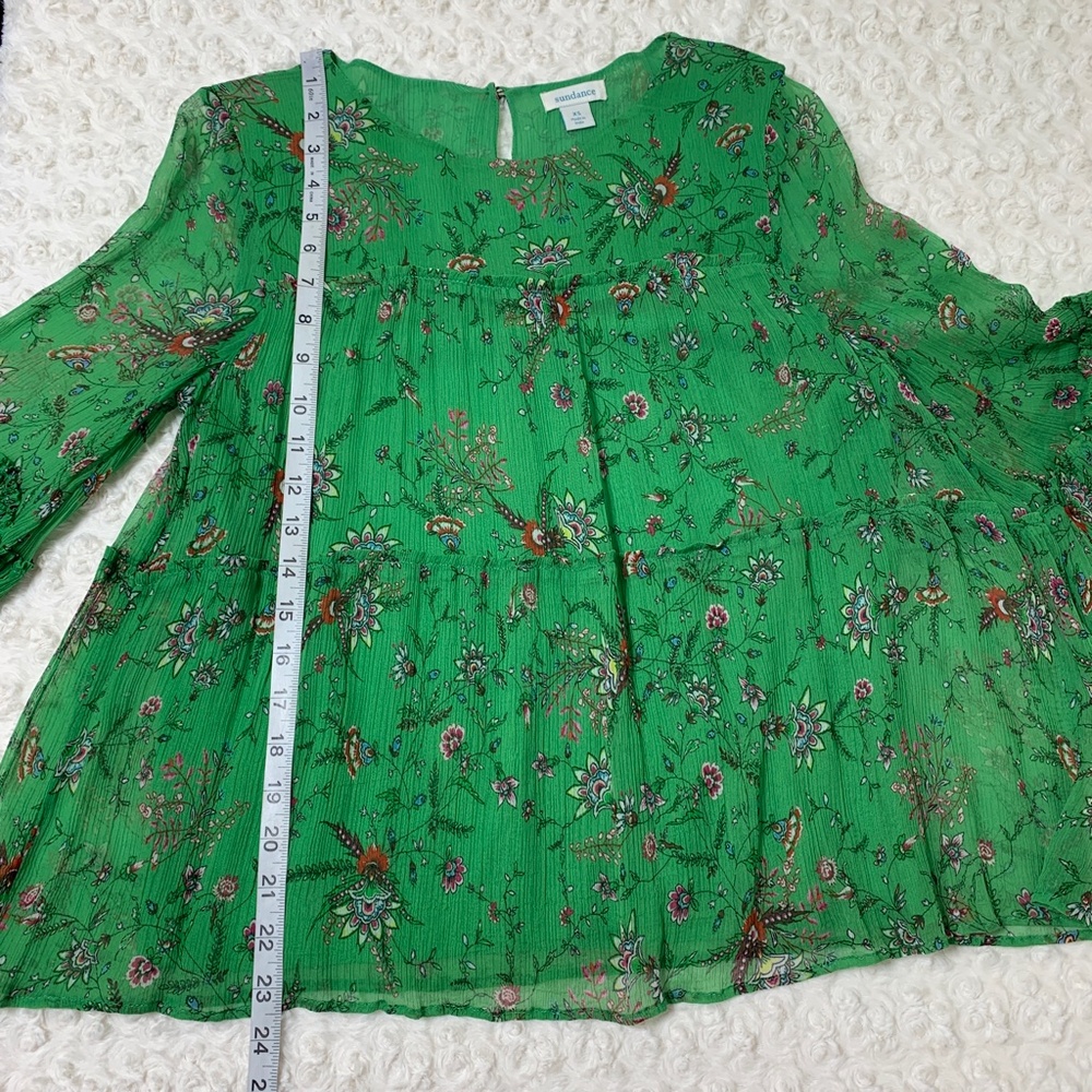 Sundance Tiered Bell Sleeve Green Floral Flowy Blouse Sz XS - Picture 9 of 11
